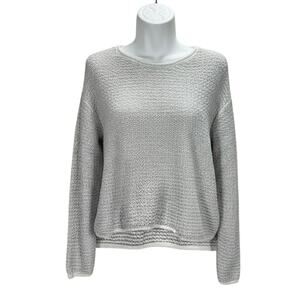 Hubert Gasser Italy Gray/White Open Knit Cotton Sweater Women’s M Long Sleeve